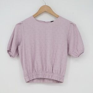 Dazy Lavender Purple Textured Puff Sleeve Cropped Blouse Round Neck Small